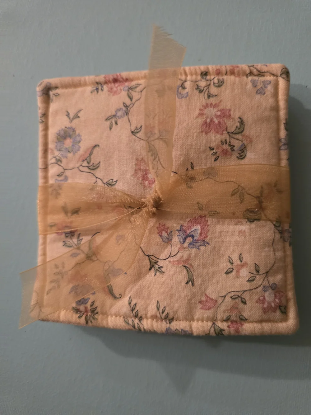 Floral Quilted Fabric Coaster Set with Gold Organza Bow